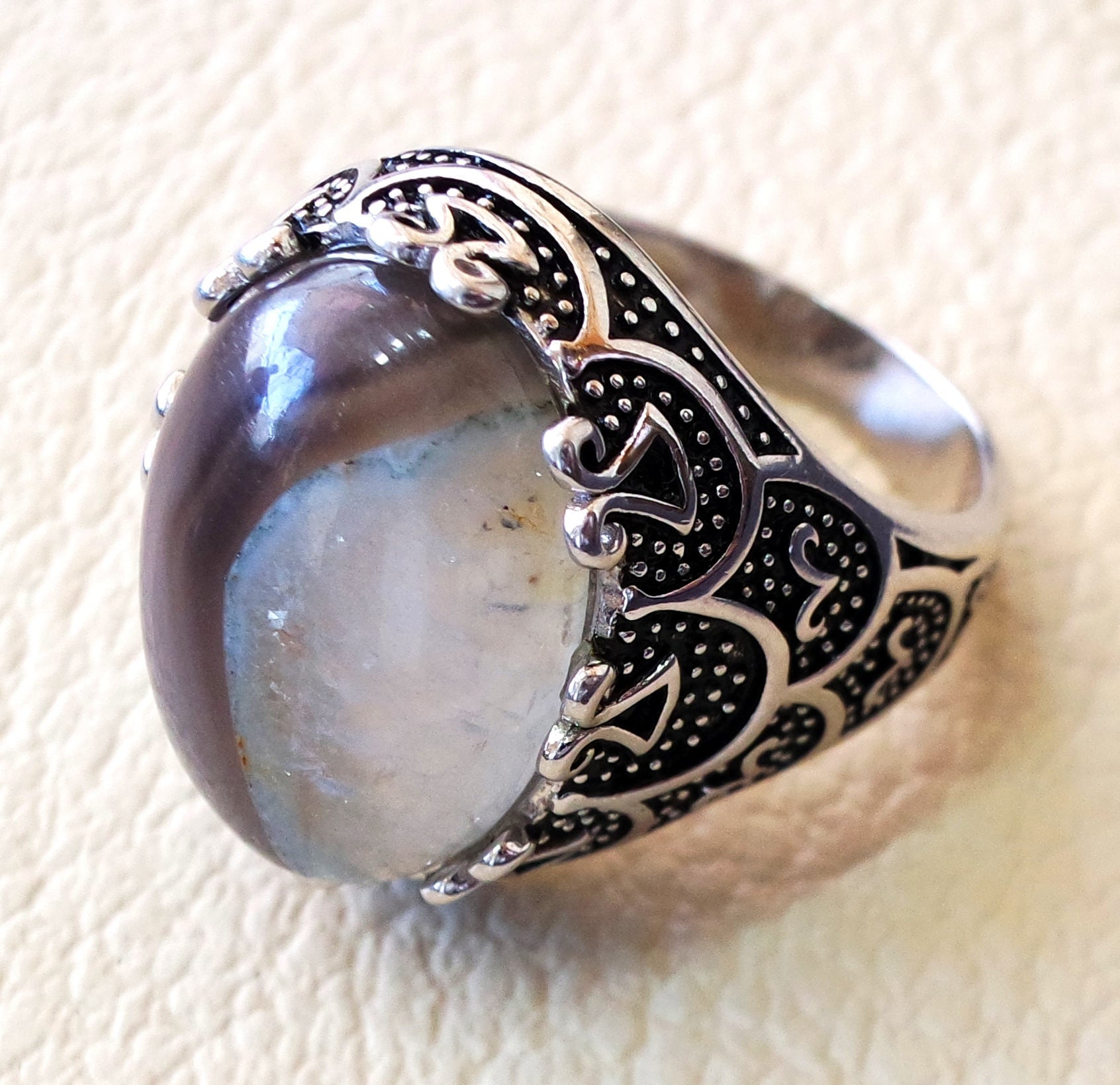 Botswana agate natural yamani semi precious two color high quality aqeeq stone men ring sterling silver 925 all sizes jewelry fast shipping