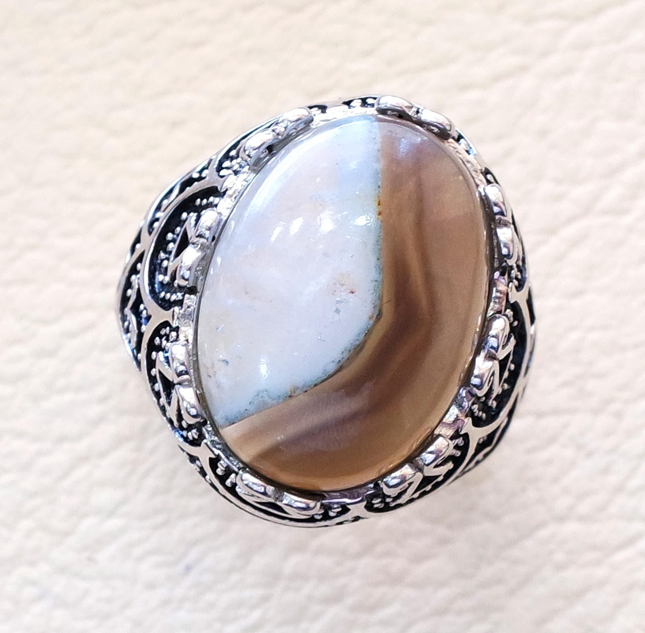 Botswana agate natural yamani semi precious two color high quality aqeeq stone men ring sterling silver 925 all sizes jewelry fast shipping