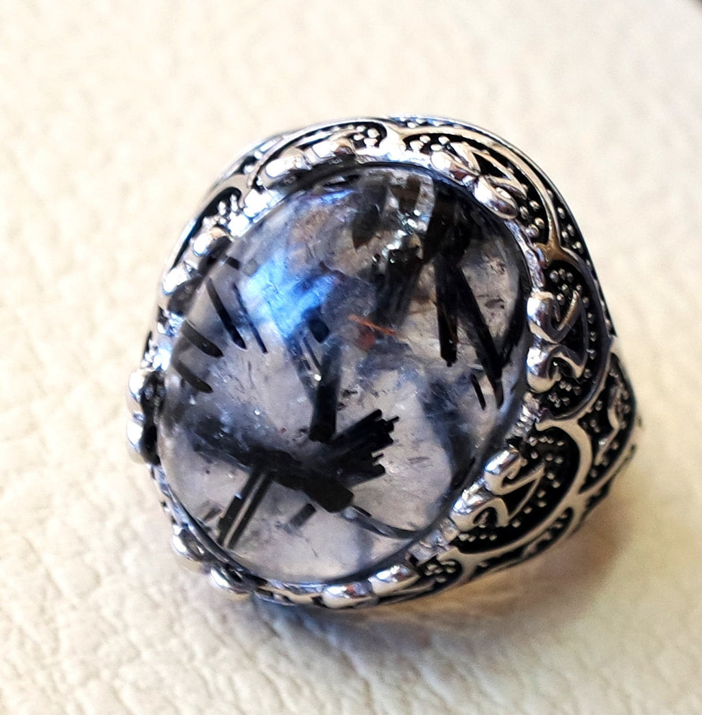 Black Rutile quartz natural stone semi precious oval sterling silver 925 man ring ottoman turkey middle eastern antique style any size