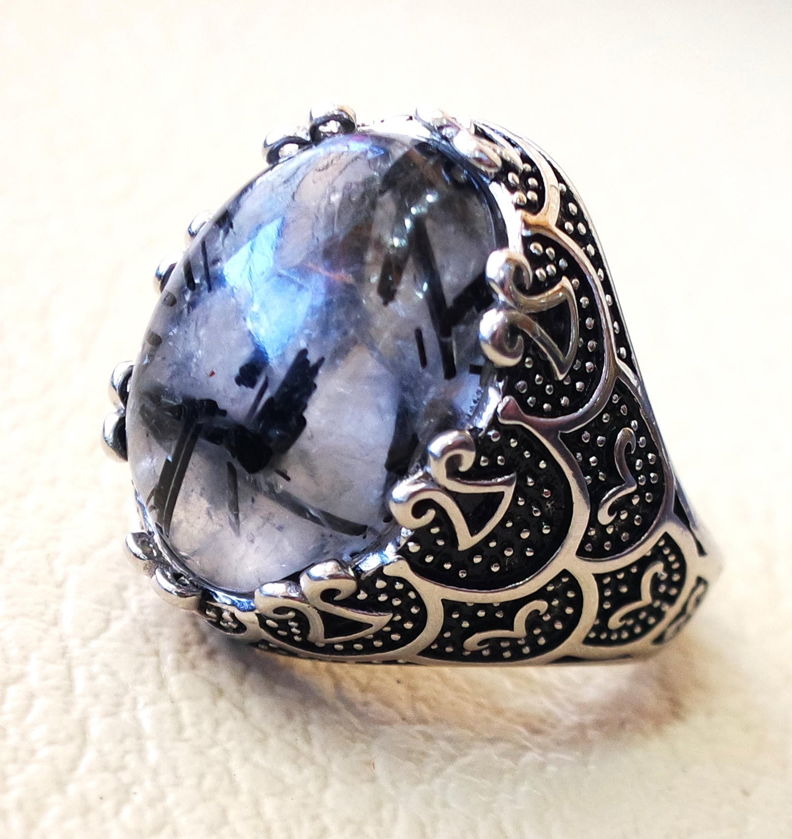 Black Rutile quartz natural stone semi precious oval sterling silver 925 man ring ottoman turkey middle eastern antique style any size