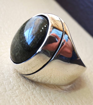 Gold sheen obsidian black aqeeq heavy men ring natural stone sterling silver 925 vintage turkish style all sizes  fast shipping
