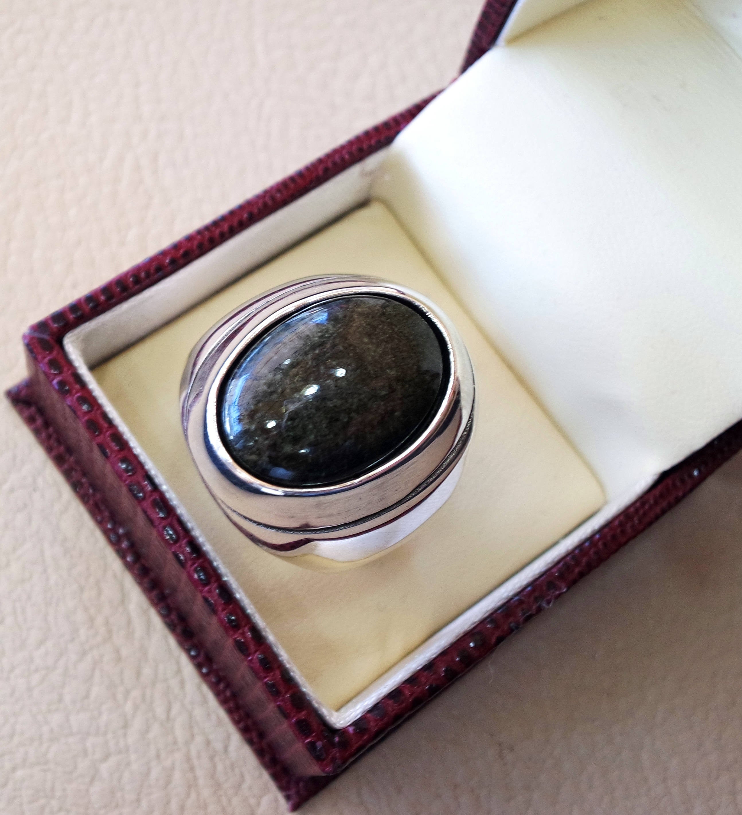 Gold sheen obsidian black aqeeq heavy men ring natural stone sterling silver 925 vintage turkish style all sizes  fast shipping