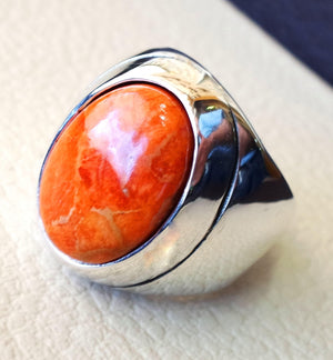 Sponge coral Murjan  heavy men ring orange to red natural stone sterling silver 925 vintage turkish style all sizes  fast shipping مرجان