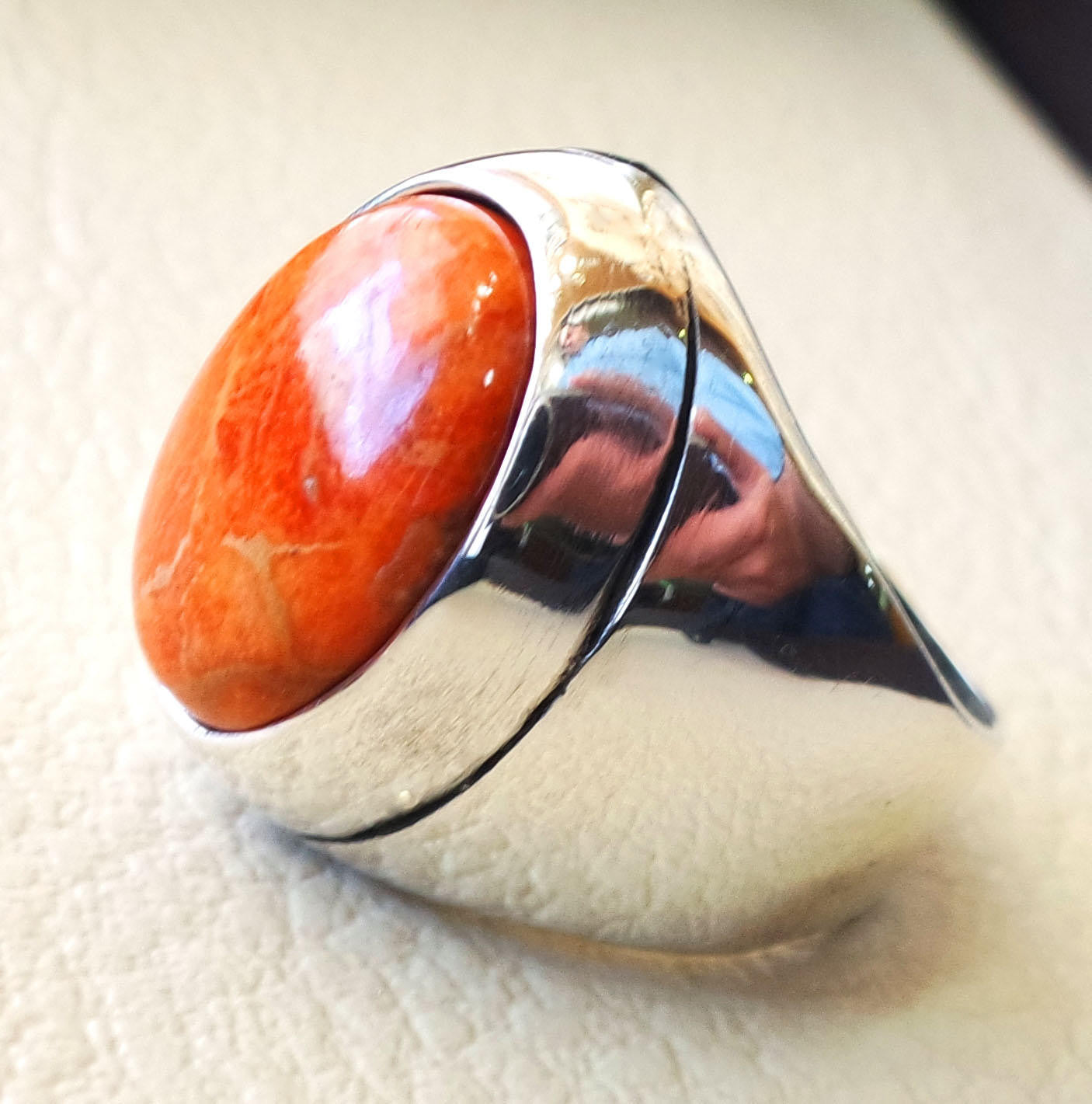 Fine Designer 14K White Gold Red Coral Long Oval Cabochon & .34 CTW Diamond  Halo Cascading Band Ring | Native American Jewelry