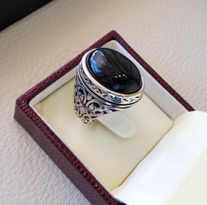 man ring sterling silver 925 all sizes onyx natural agate semi precious cabochon black gem arabic turkey antique middle eastern jewelry