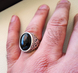 man ring sterling silver 925 all sizes onyx natural agate semi precious cabochon black gem arabic turkey antique middle eastern jewelry