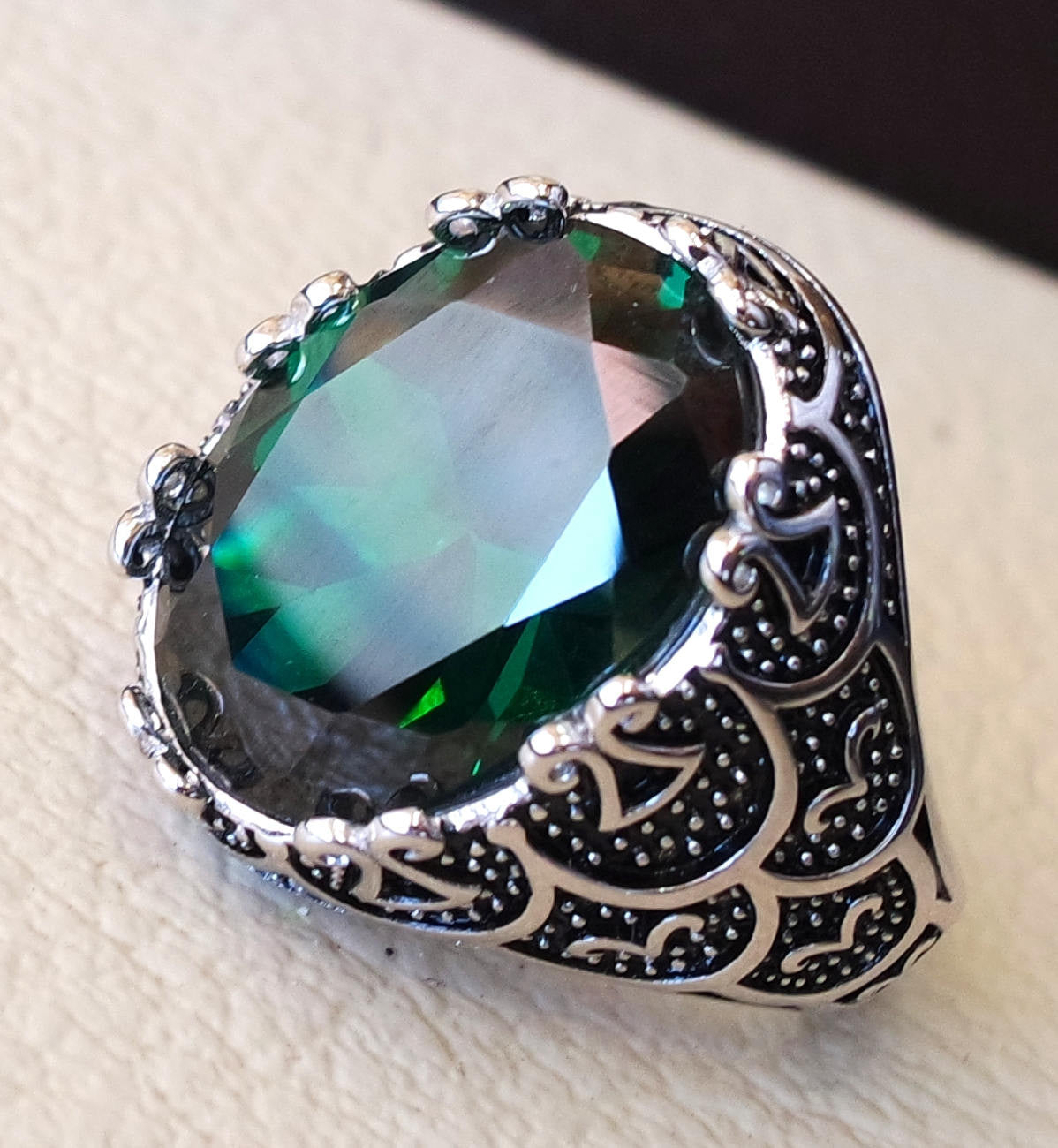 deep vivid fancy emerald green synthetic corundum oval stone high qual –  Abu Mariam Jewelry