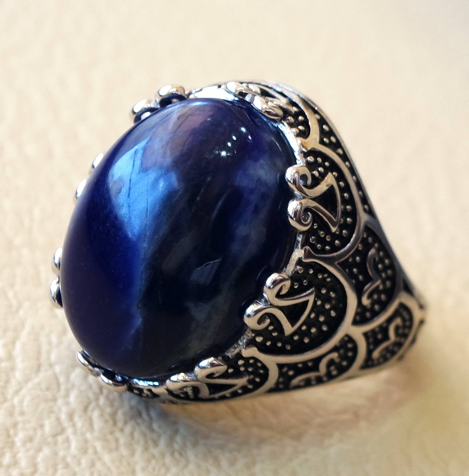 Sodalite natural stone dark royal blue men ring sterling silver 925 stunning genuine gem  ottoman arabic style jewelry all sizes