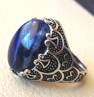 Sodalite natural stone dark royal blue men ring sterling silver 925 stunning genuine gem  ottoman arabic style jewelry all sizes