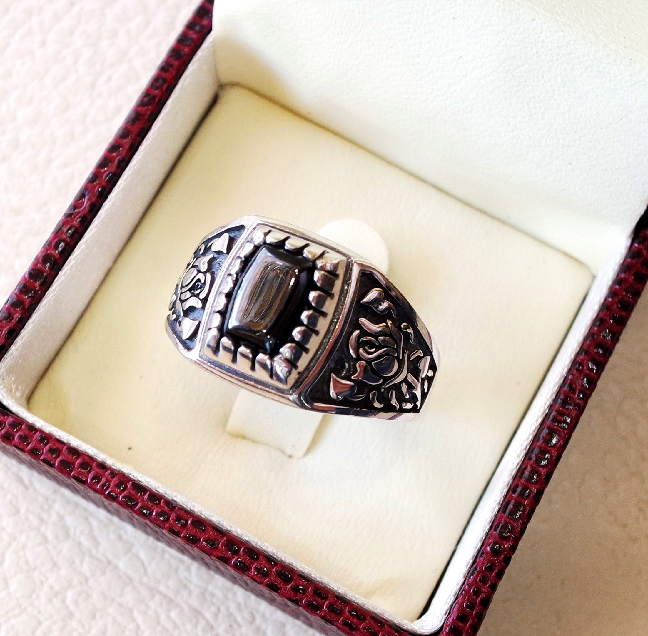 cushion small pinkie  black  onyx stone sterling silver 925 simple man ring jewelry any size middle eastern antique style fast shipping