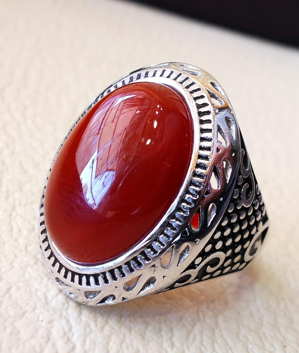 aqeeq man ring natural liver agate carnelian semi precious stone oval red gem heavy sterling silver arabic middle eastern turkey style