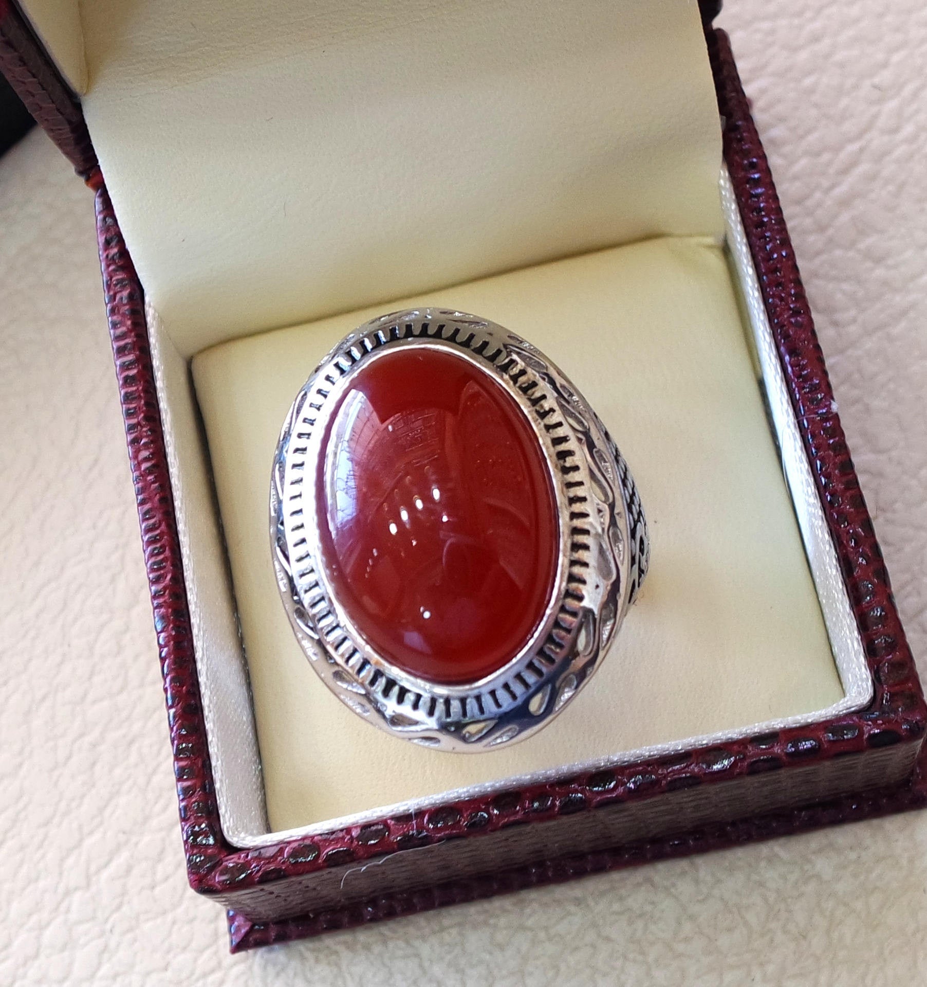 aqeeq man ring natural liver agate carnelian semi precious stone oval red gem heavy sterling silver arabic middle eastern turkey style