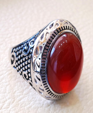 aqeeq man ring natural liver agate carnelian semi precious stone oval red gem heavy sterling silver arabic middle eastern turkey style