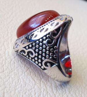 aqeeq man ring natural liver agate carnelian semi precious stone oval red gem heavy sterling silver arabic middle eastern turkey style