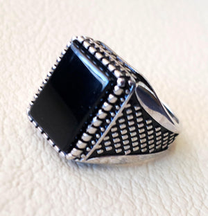 Black aqeeq ring Rectangular silver onyx flat natural semi precious agate gemstone men sterling silver 925 jewelry all sizes fast shipping