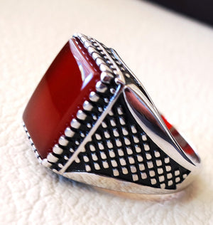 Men ring rectangular silver aqeeq flat natural semi precious agate carnelian gemstone  sterling silver 925 jewelry all sizes fast shipping