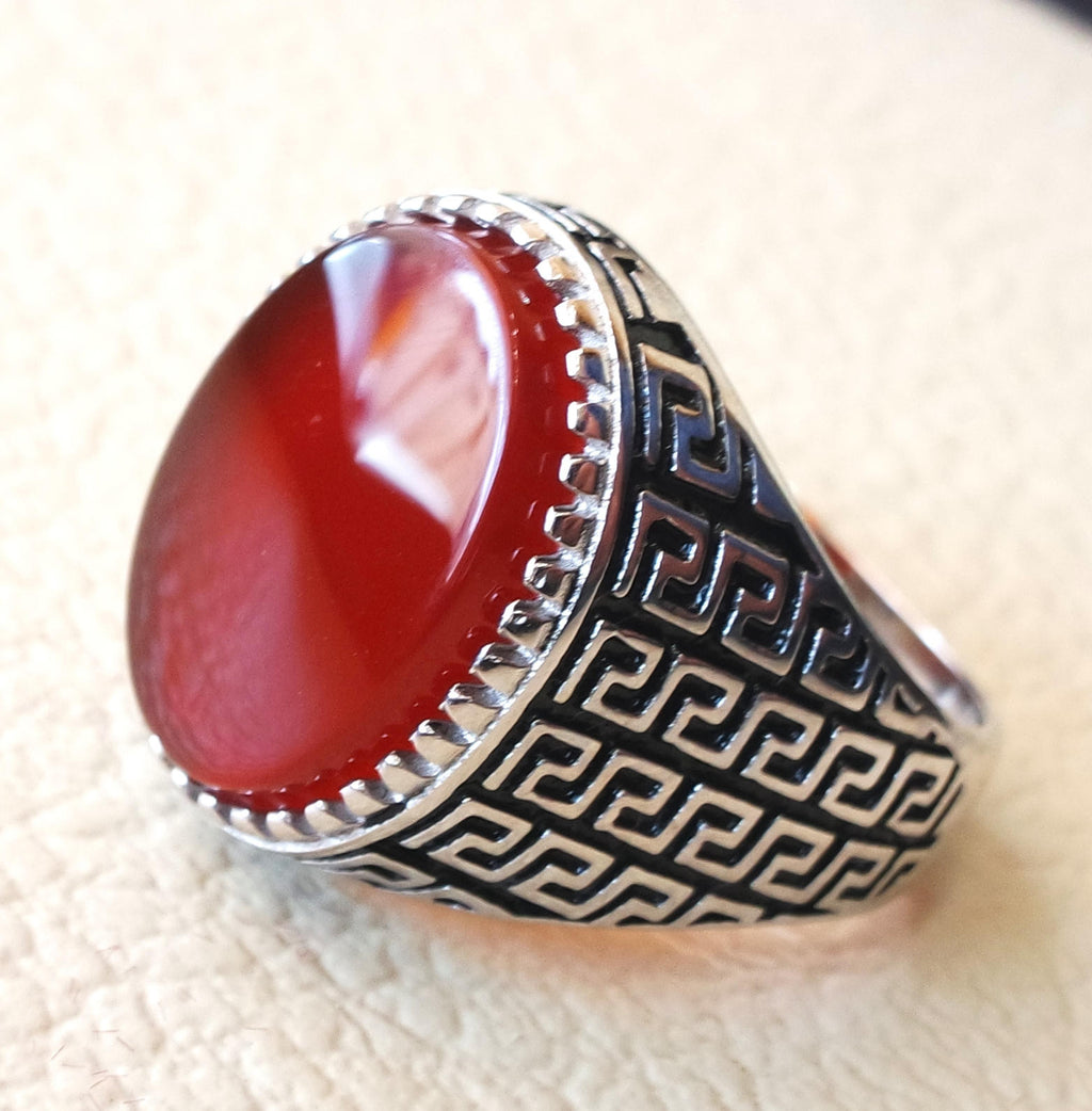 man ring sterling silver 925 aqeeq natural flat agate carnelian semi precious stone oval red cabochon gem arabic middle eastern turkey style