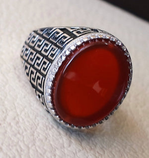 man ring sterling silver 925 aqeeq natural flat agate carnelian semi precious stone oval red cabochon gem arabic middle eastern turkey style