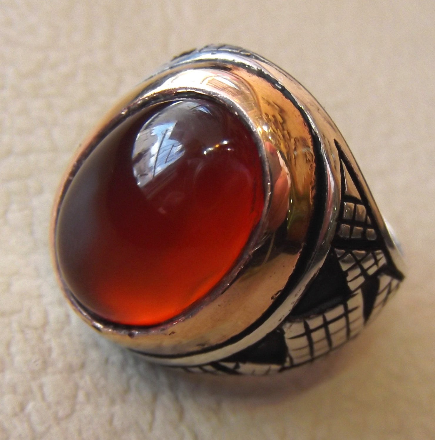 aqeeq carnelian agate cabochon oval red stone sterling silver 925 men ring arabic turkish middle eastern ottoman style jewelry bronze frame