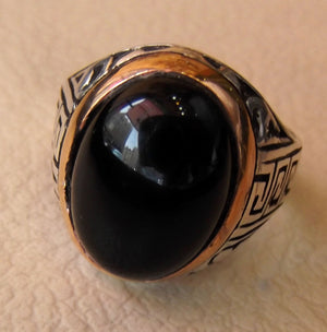 onyx agate black oval cabochon natural semi precious stone sterling silver 925 heavy ring bronze frame all sizes jewelry arabic persian