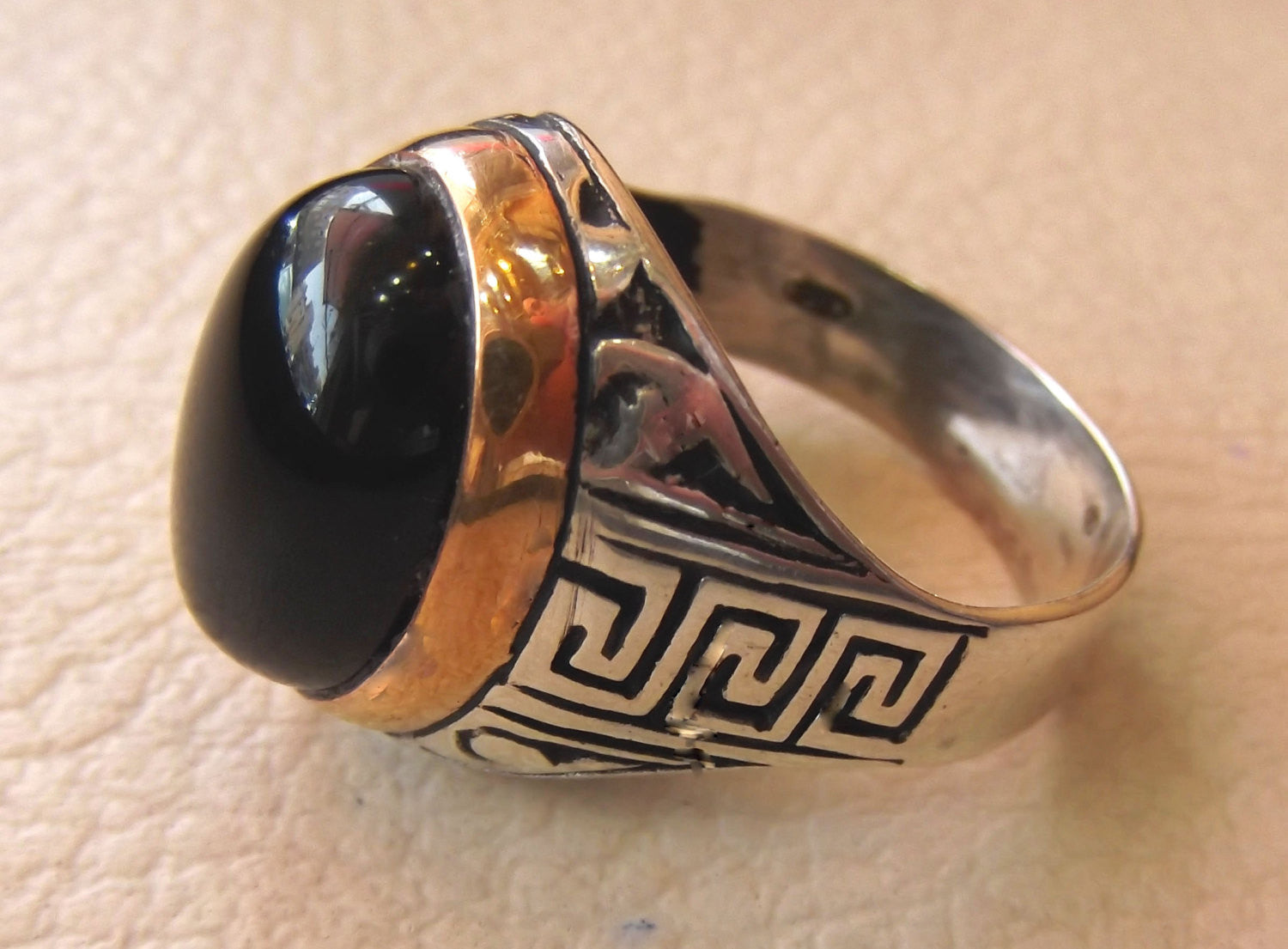 onyx agate black oval cabochon natural semi precious stone sterling silver 925 heavy ring bronze frame all sizes jewelry arabic persian