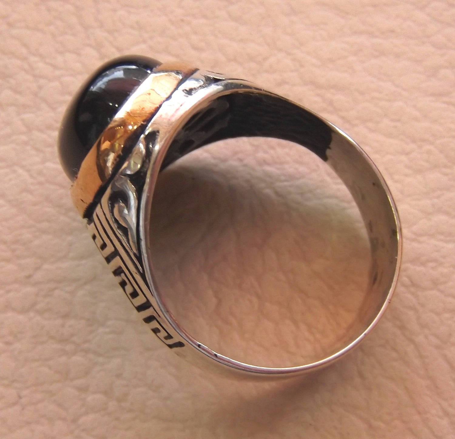 onyx agate black oval cabochon natural semi precious stone sterling silver 925 heavy ring bronze frame all sizes jewelry arabic persian