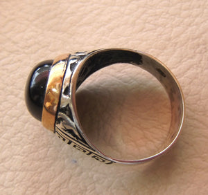 onyx agate black oval cabochon natural semi precious stone sterling silver 925 heavy ring bronze frame all sizes jewelry arabic persian