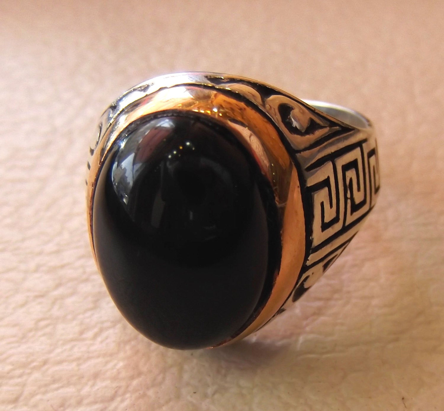 onyx agate black oval cabochon natural semi precious stone sterling silver 925 heavy ring bronze frame all sizes jewelry arabic persian