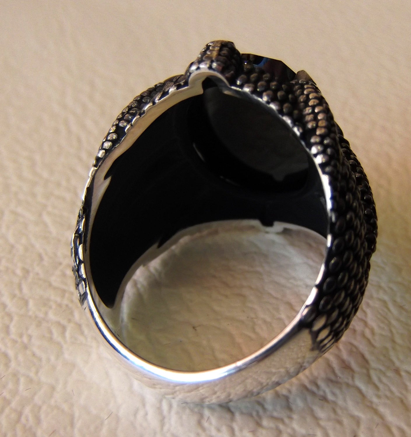 dragon snake mouth sterling silver 925 onyx agate faceted stone oval black all sizes jewelry heavy men ring