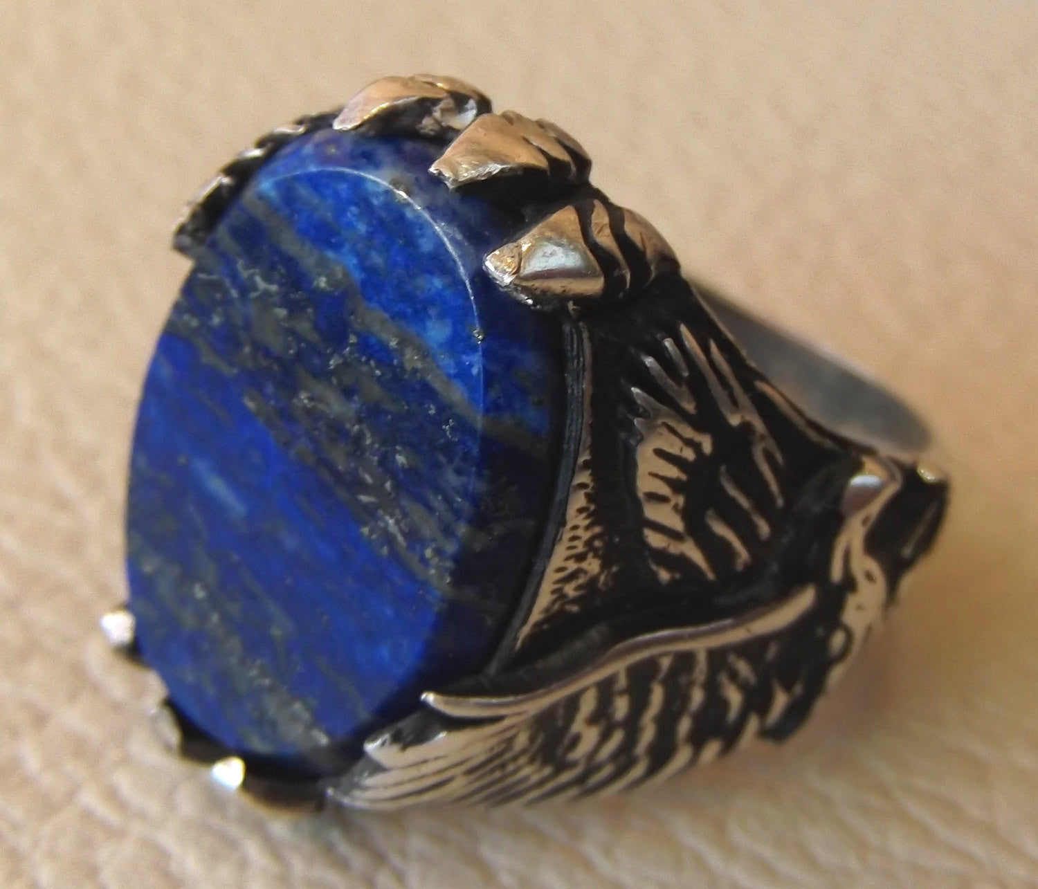 blue natural semi precious stone lapis lazuli gemstone sterling silver 925 men ring eagle all sizes flat oval gem antique style jewelry