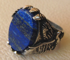 blue natural semi precious stone lapis lazuli gemstone sterling silver 925 men ring eagle all sizes flat oval gem antique style jewelry