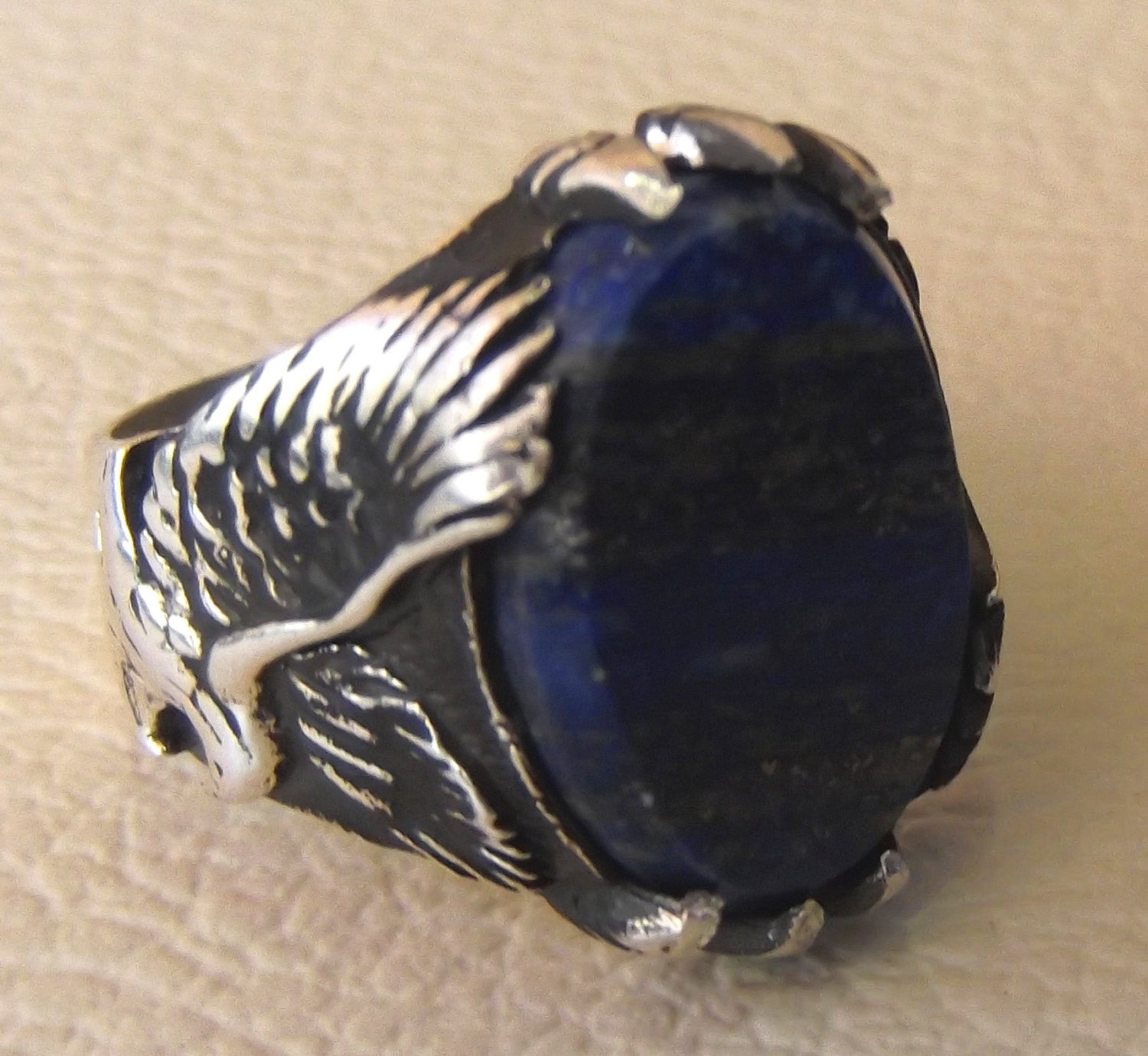 blue natural semi precious stone lapis lazuli gemstone sterling silver 925 men ring eagle all sizes flat oval gem antique style jewelry