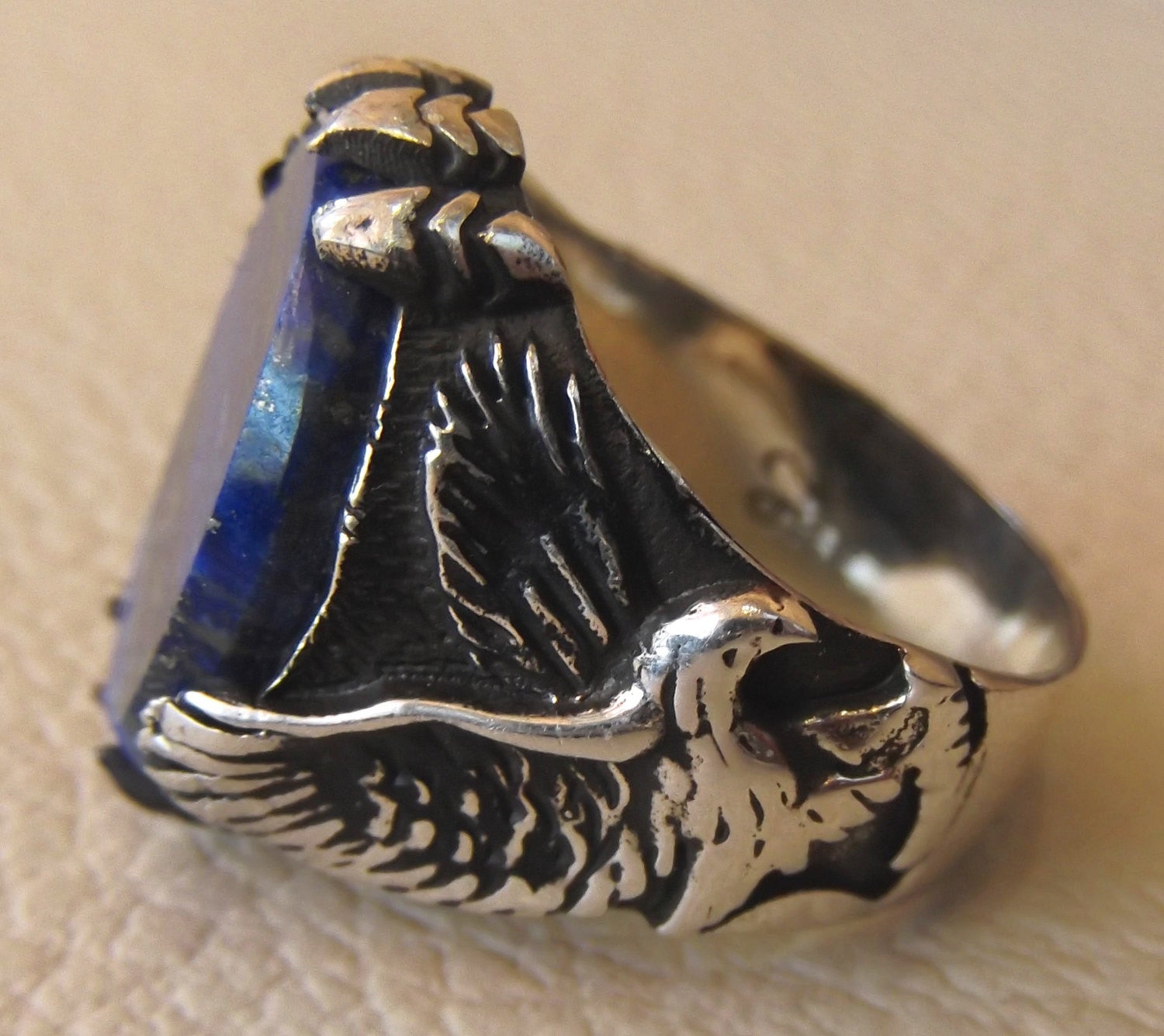 blue natural semi precious stone lapis lazuli gemstone sterling silver 925 men ring eagle all sizes flat oval gem antique style jewelry