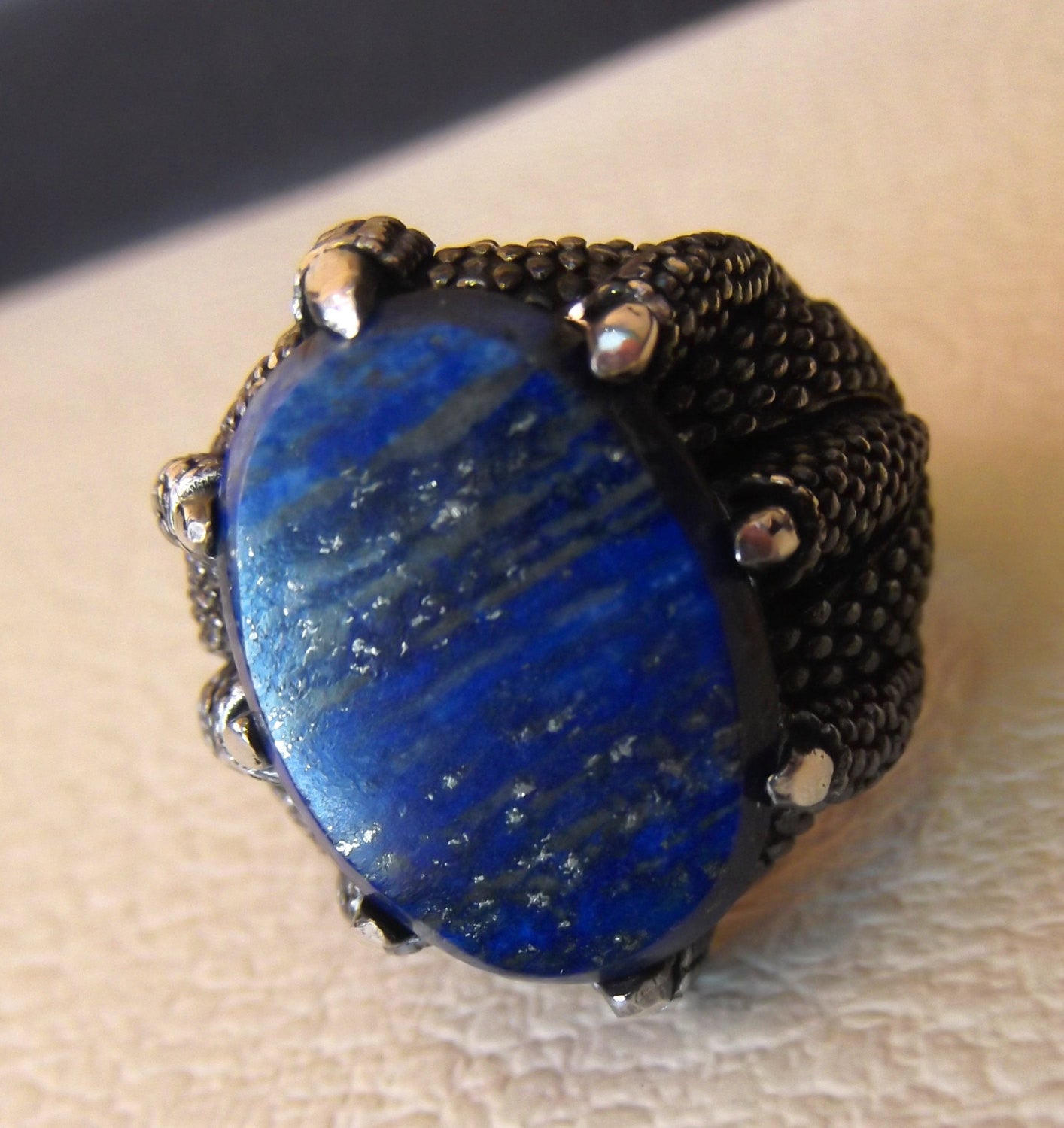 lapis lazuli natural semi precious blue stone man sterling silver 925 ring gemstone oval flat gem jewelry all sizes