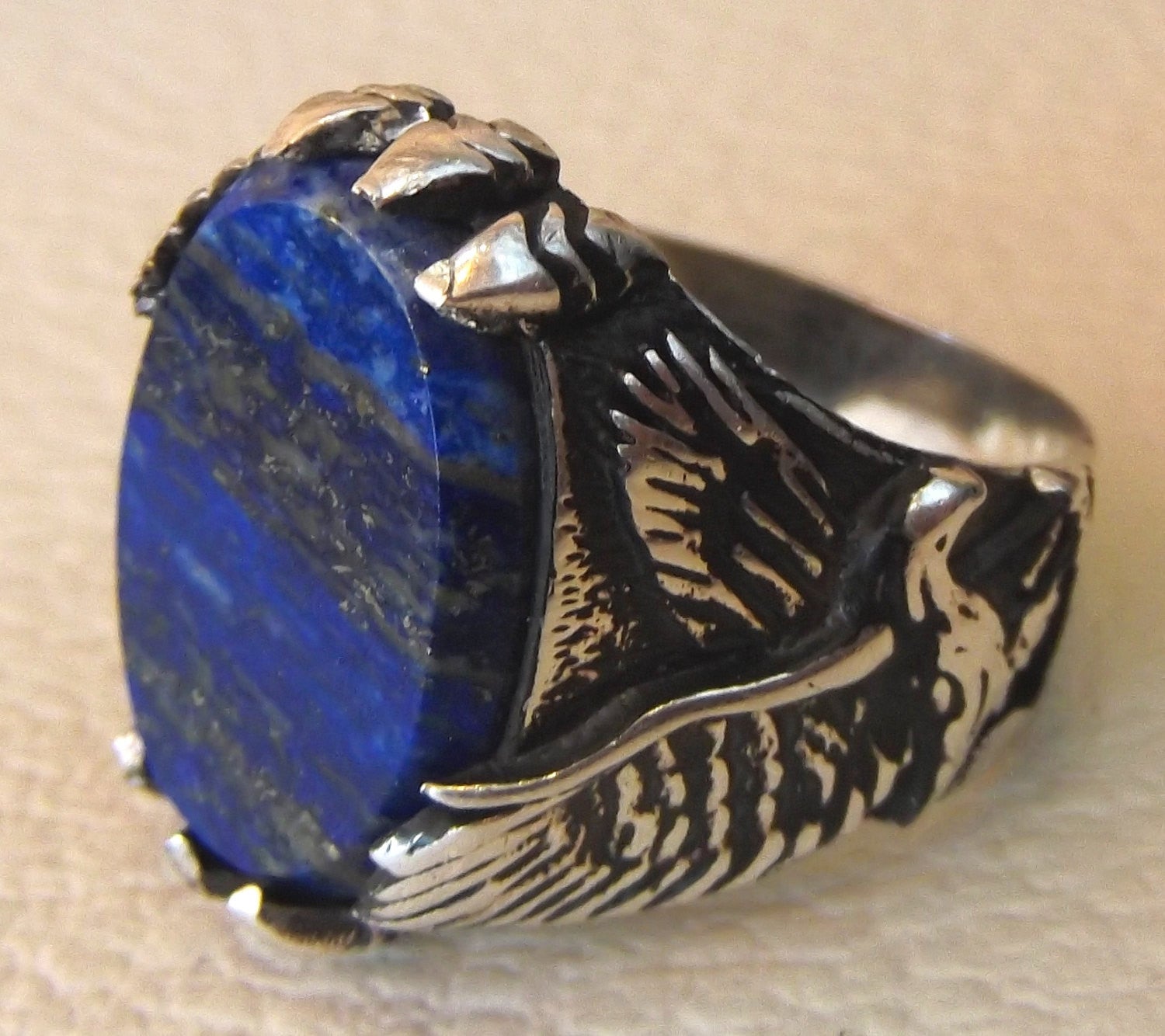 blue natural semi precious stone lapis lazuli gemstone sterling silver 925 men ring eagle all sizes flat oval gem antique style jewelry
