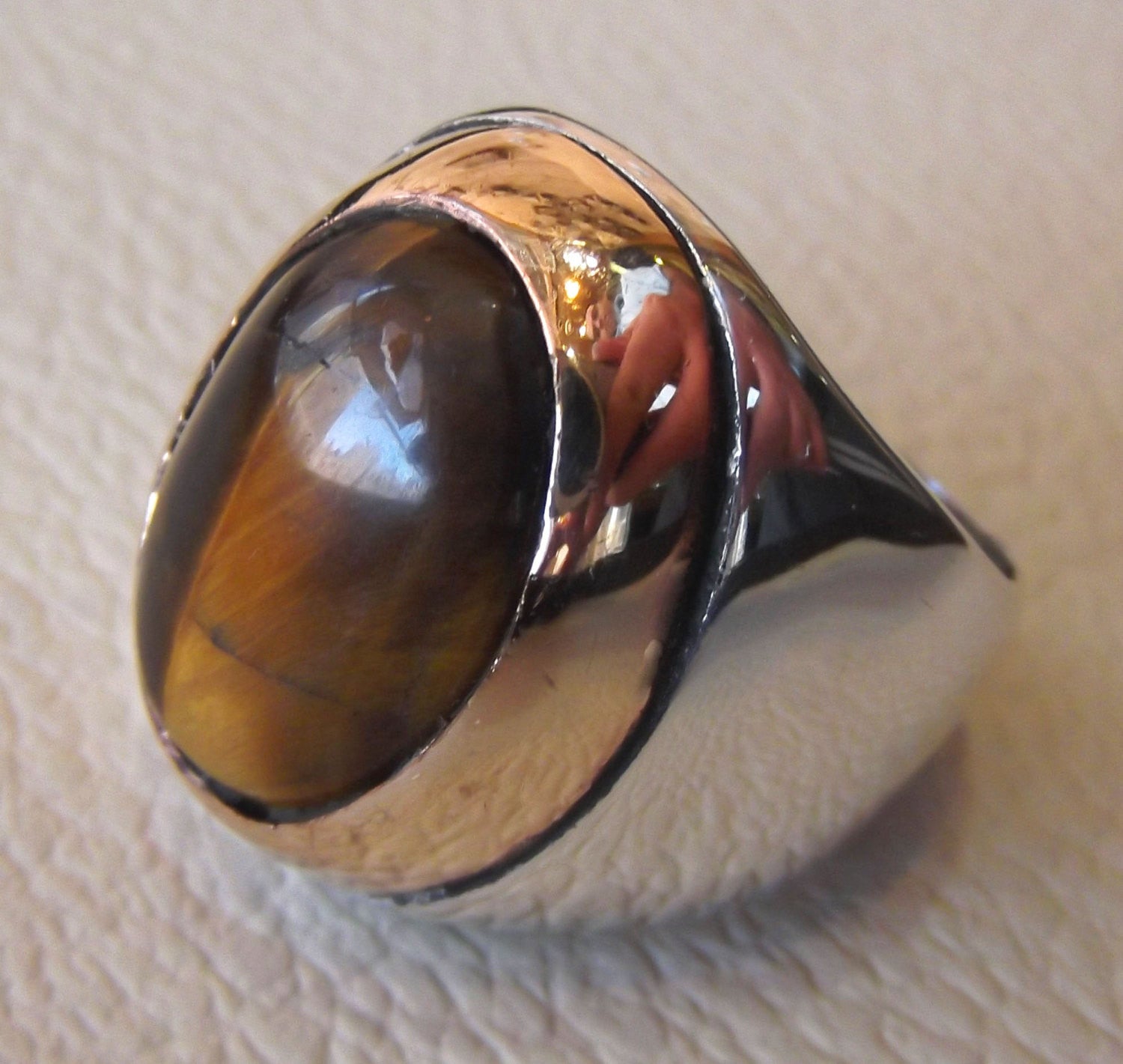 tiger eye big oval cabochon two tone men ring sterling silver 925 bronze frame cat eye semi precious natural stone all sizes jewelry