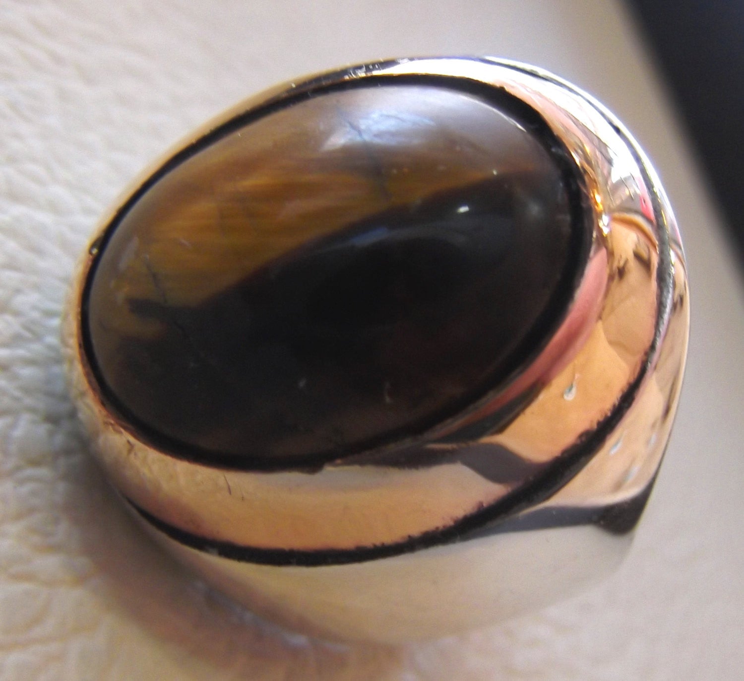 tiger eye big oval cabochon two tone men ring sterling silver 925 bronze frame cat eye semi precious natural stone all sizes jewelry