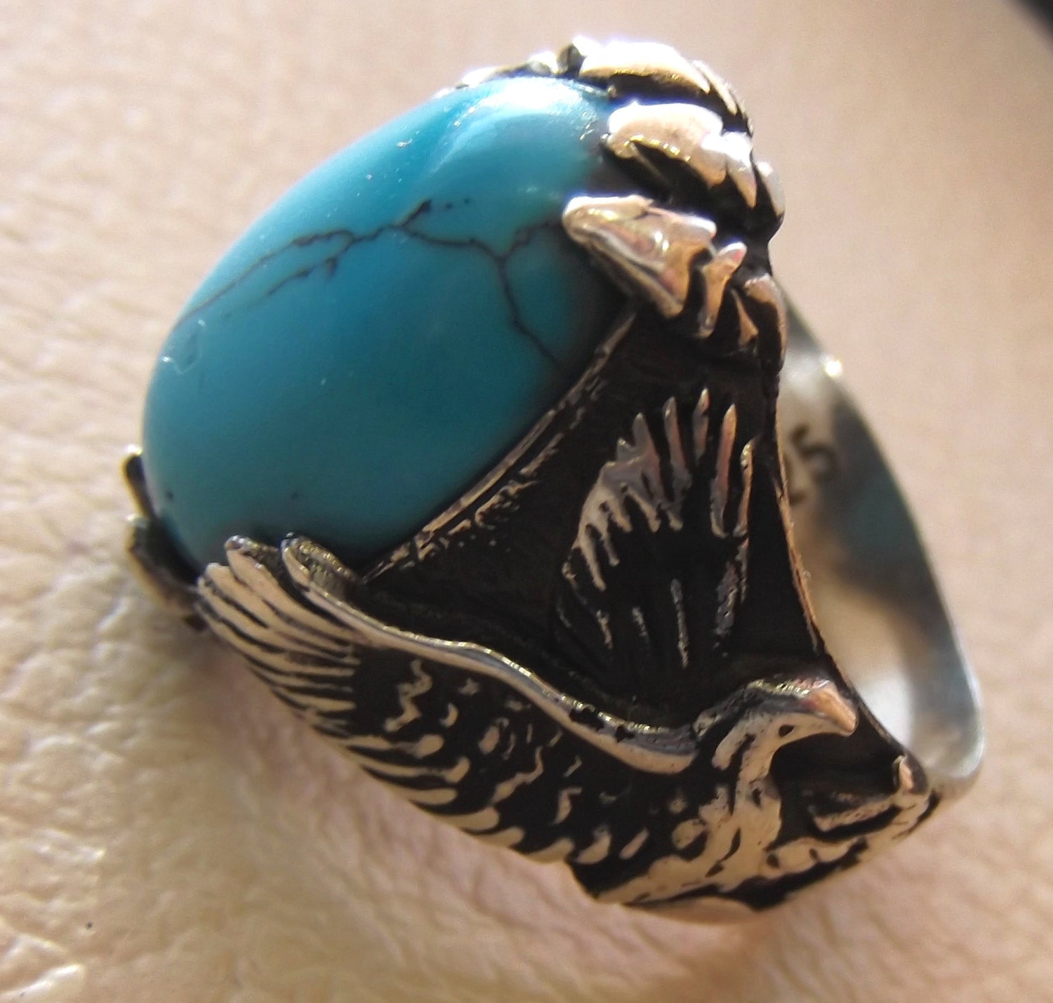 blue turquoise cabochon stone sterling silver 925 men ring vintage eagle style  animal jewelry oval stone all sizes fast shipping