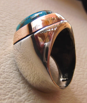 copper turquoise natural stone men sterling silver 925 ring oval cabochon semi precious gem bronze frame ottoman style all sizes jewelry