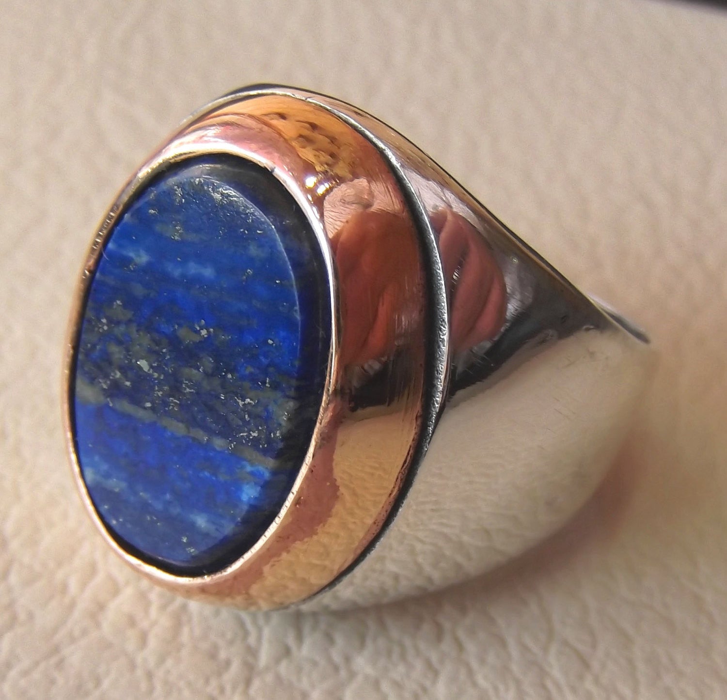 lapis lazuli flat oval natural blue stone ring bronze and sterling silver 925 men jewelry all sizes 18 * 13 mm gem ottoman middle eastern