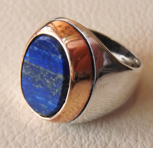 lapis lazuli flat oval natural blue stone ring bronze and sterling silver 925 men jewelry all sizes 18 * 13 mm gem ottoman middle eastern