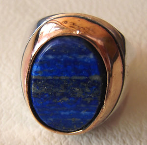 lapis lazuli flat oval natural blue stone ring bronze and sterling silver 925 men jewelry all sizes 18 * 13 mm gem ottoman middle eastern