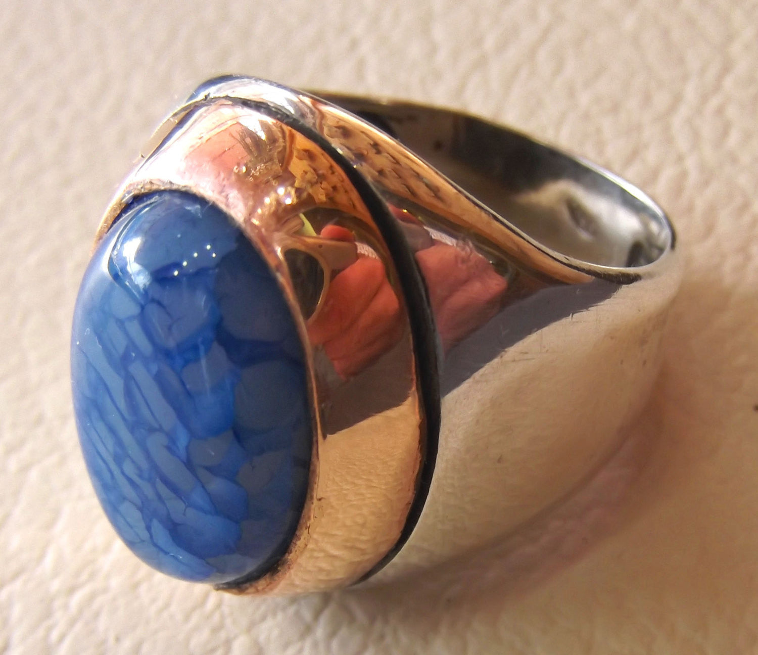 dragon vein blue agate stone men ring sterling silver 925 oval cabochon bronze frame all sizes two tone heavy unique jewelry