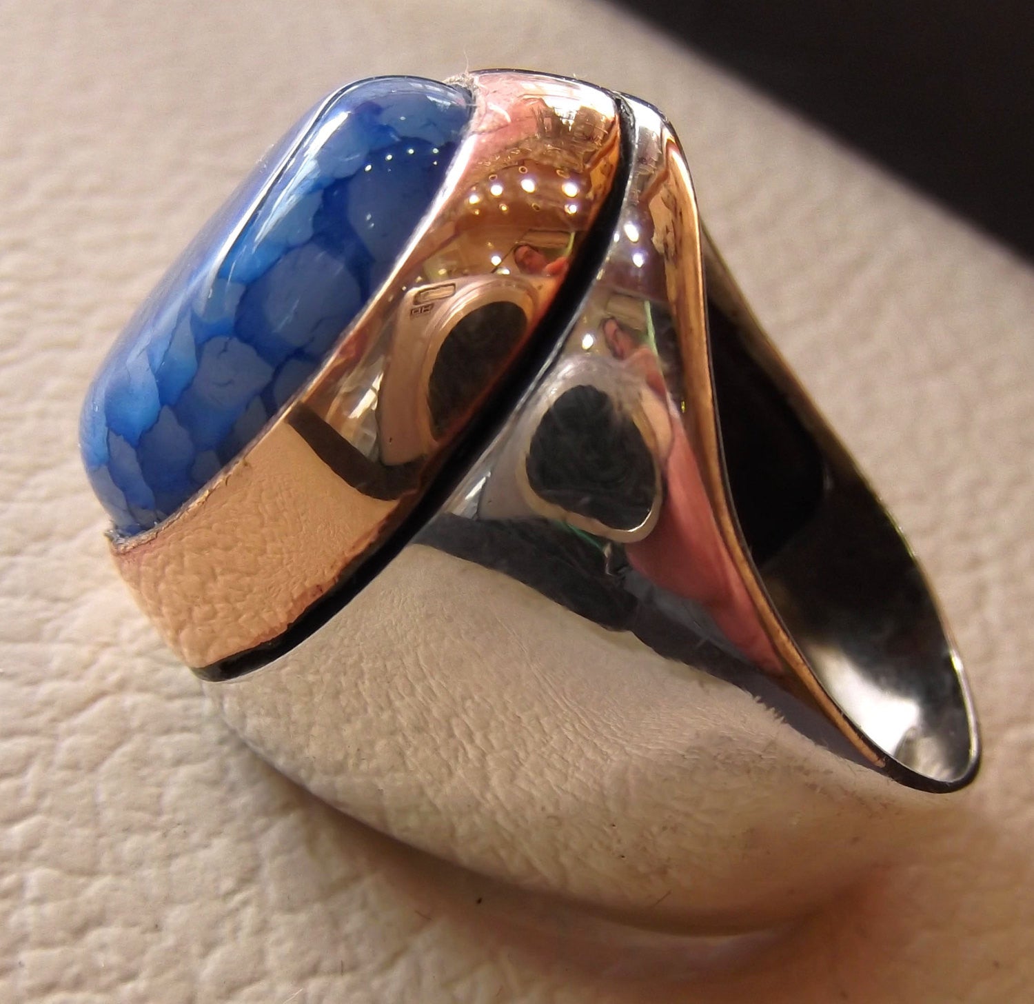 dragon vein blue agate stone men ring sterling silver 925 oval cabochon bronze frame all sizes two tone heavy unique jewelry