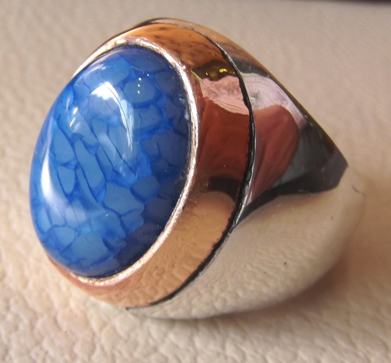 dragon vein blue agate stone men ring sterling silver 925 oval cabochon bronze frame all sizes two tone heavy unique jewelry