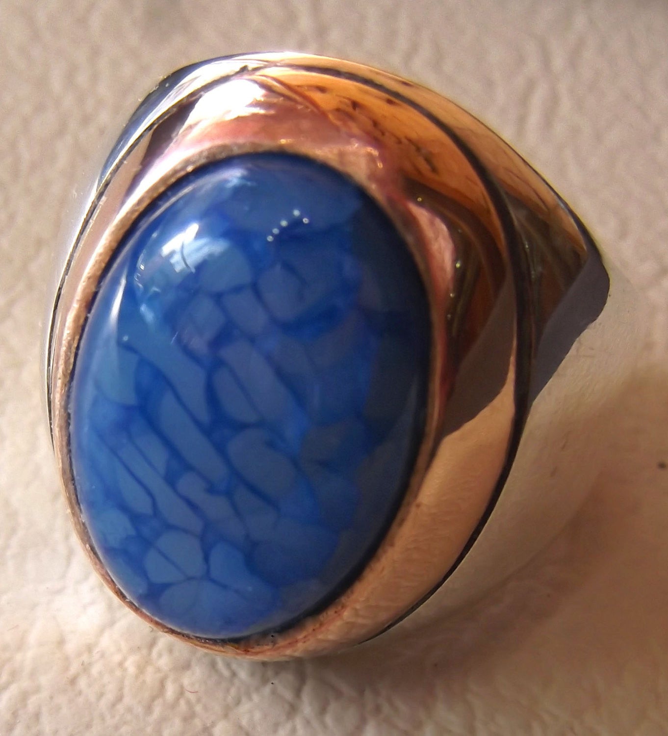 dragon vein blue agate stone men ring sterling silver 925 oval cabochon bronze frame all sizes two tone heavy unique jewelry