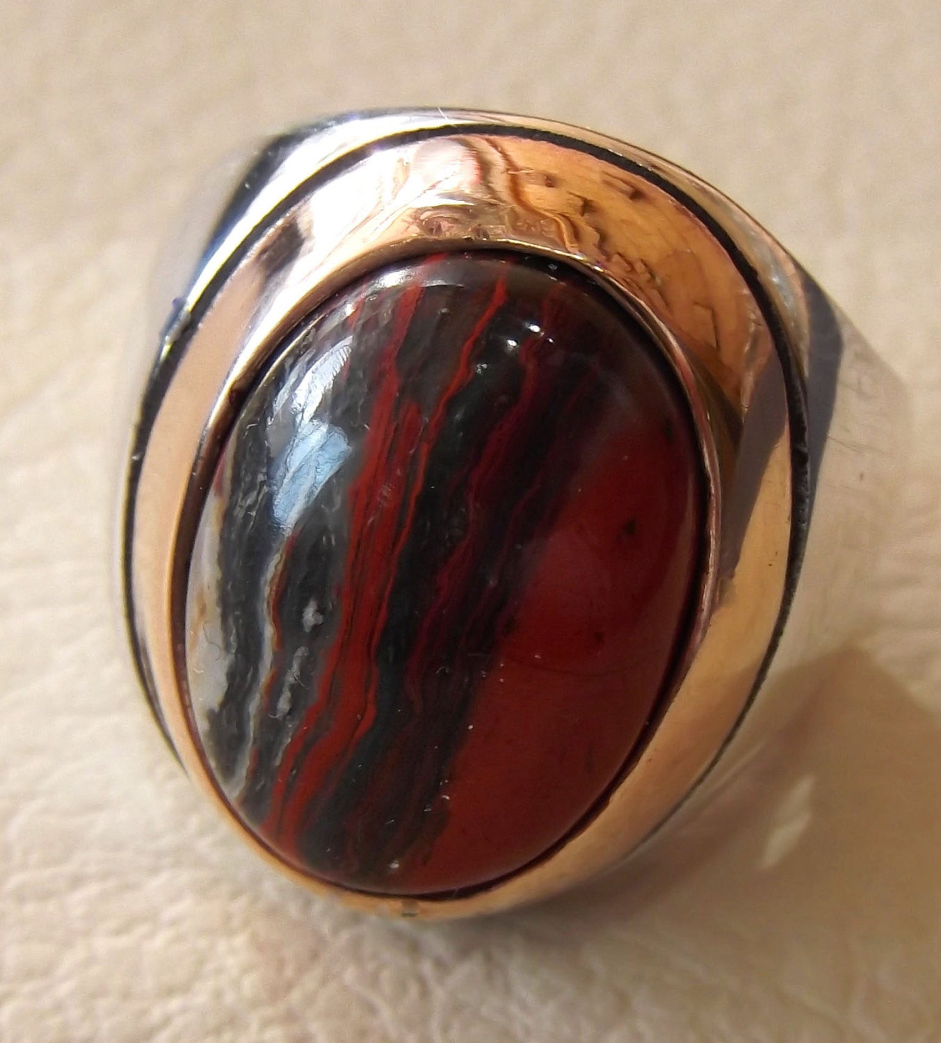 snake skin jasper stone natural gem sterling silver 925 ring red and black oval semi precious cabochon man ring jewelry with bronze frame