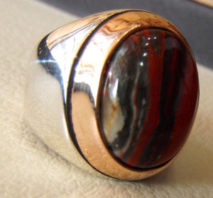 snake skin jasper stone natural gem sterling silver 925 ring red and black oval semi precious cabochon man ring jewelry with bronze frame