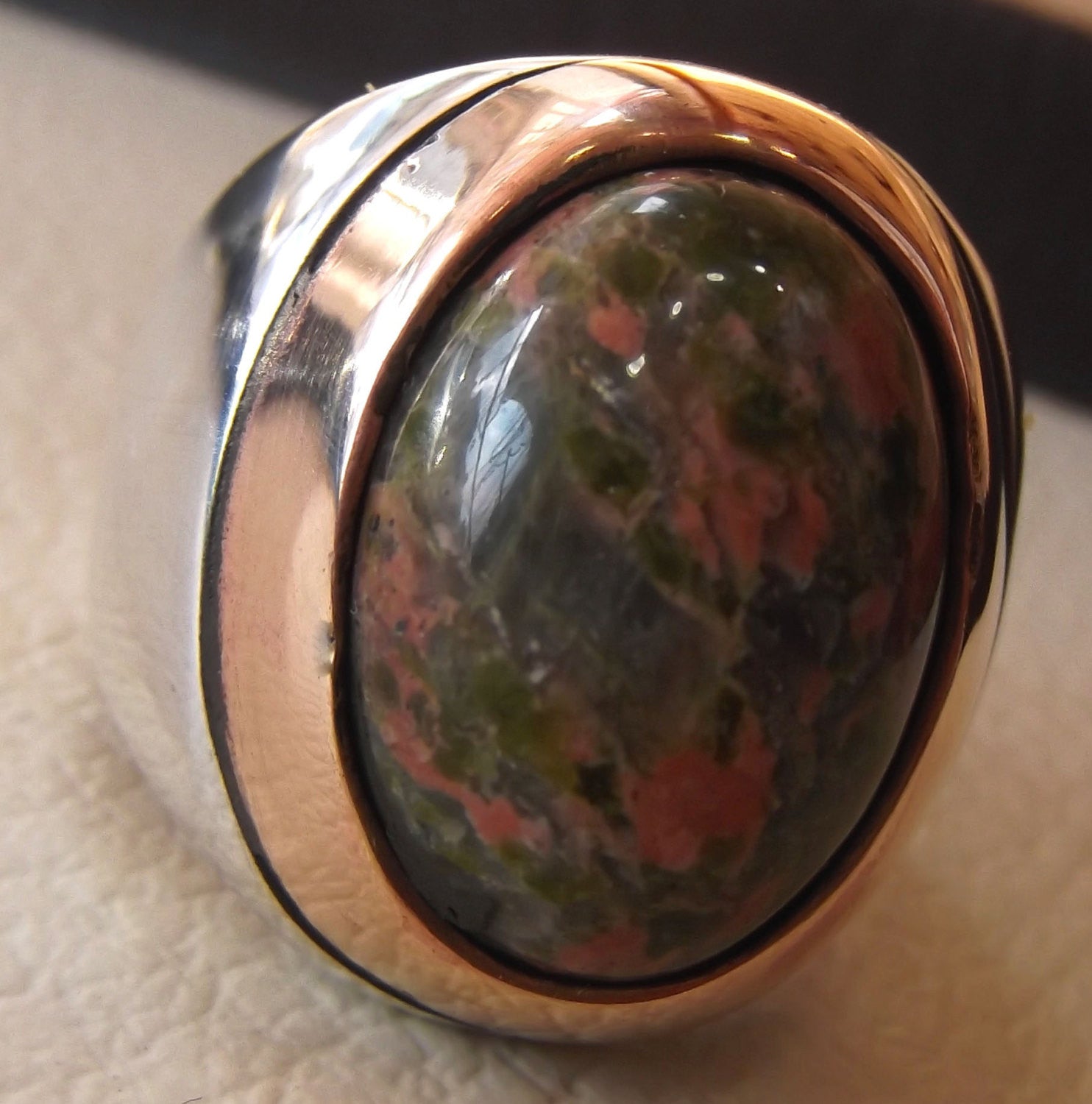 unakaite natural cabochon men huge ring sterling silver 925 with bronze frame semi precious oval green rose unakite gem jewelry all sizes