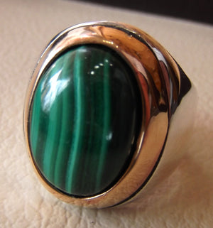 huge malachite natural green stone sterling silver 925 ring jewelry bronze frame eastern turkish arabic style oval semi precious cabochon